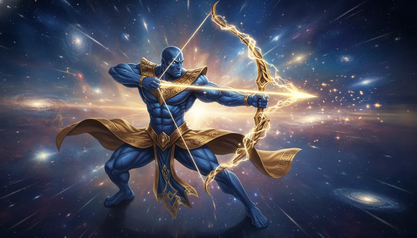 Blue-skinned deity drawing an arrow on a golden bow in a cosmic setting