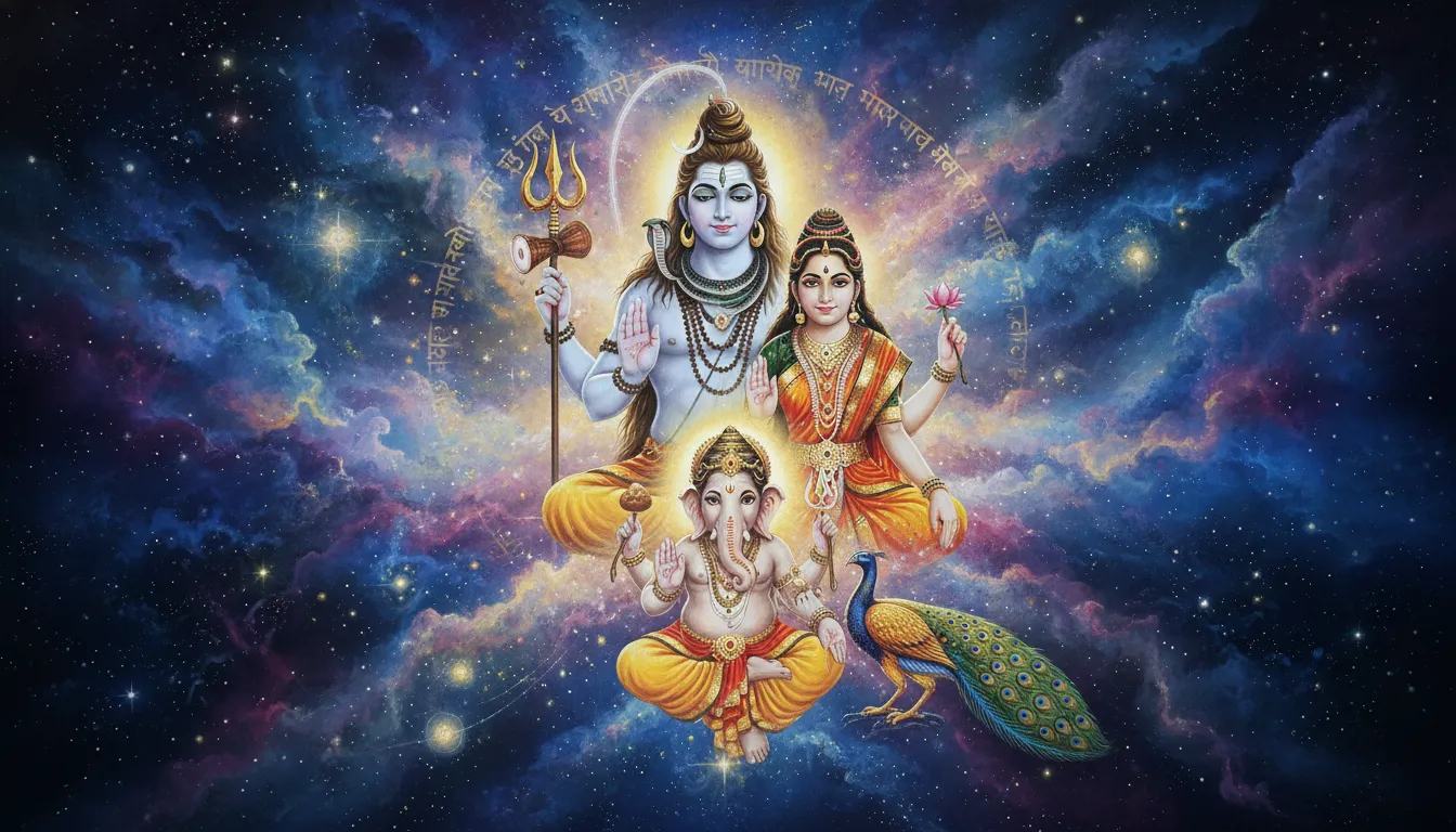 A cosmic representation of the Mahadev family surrounded by celestial stars and energy.