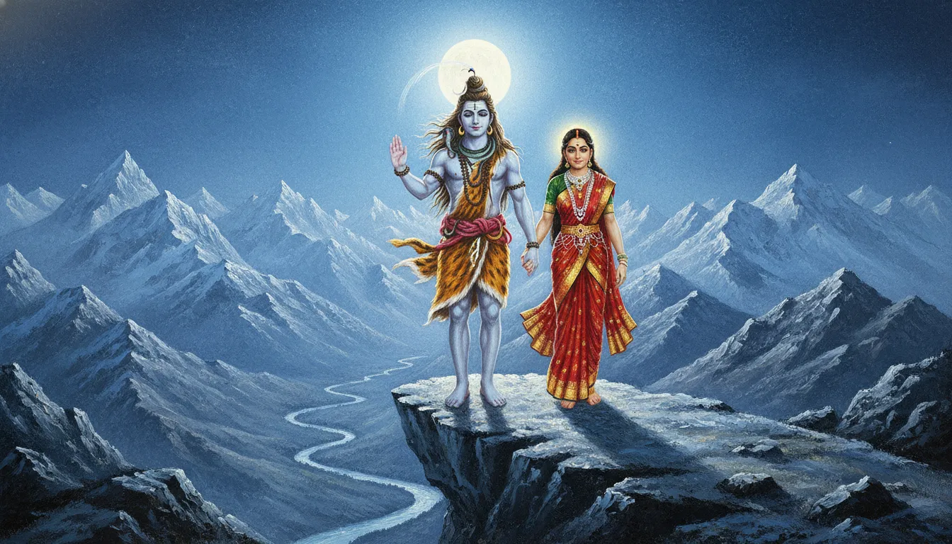 Shiva and Parvati holding hands and blessing the universe from a snowy Himalayan peak at night