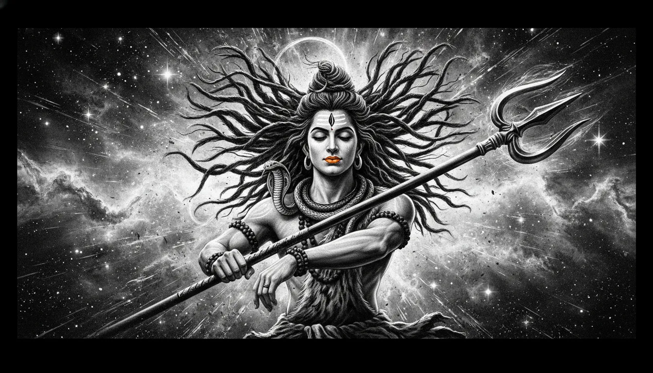 Artistic monochrome drawing of Lord Shiva in the powerful Tandava dance pose.