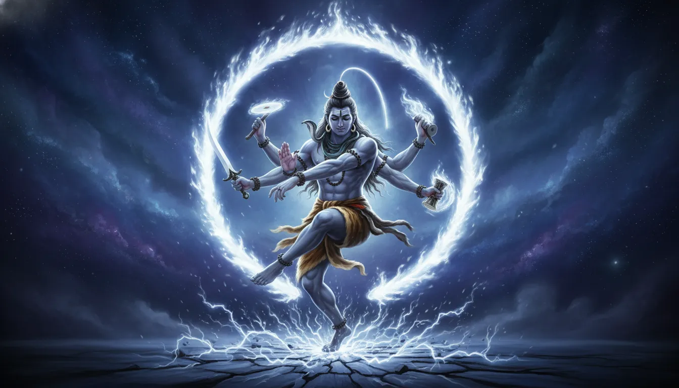 Lord Shiva performing the violent Tandava dance surrounded by a ring of divine fire.