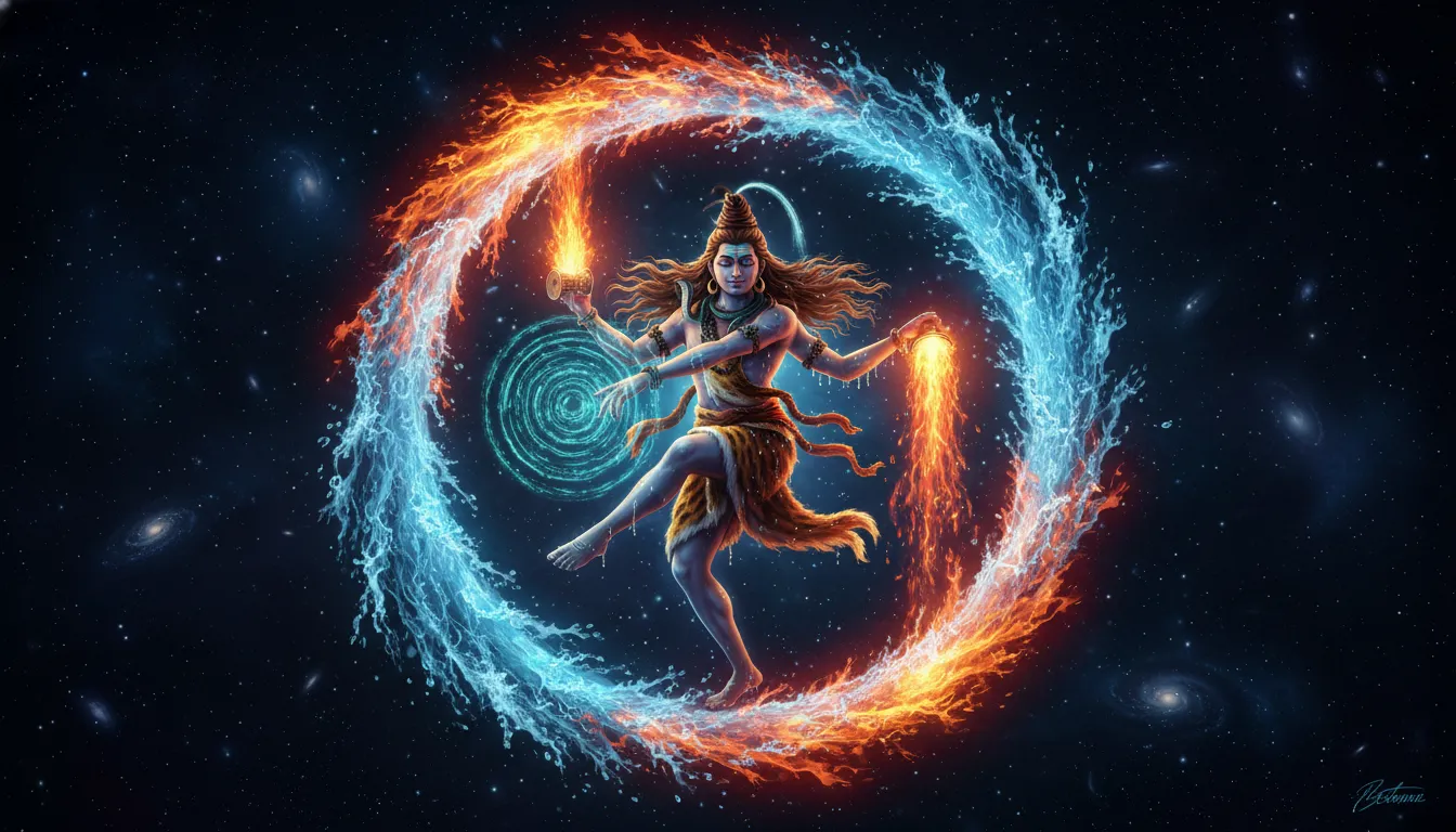 Lord Shiva performing the Nataraja dance surrounded by intertwined spirals of blue water and orange flames