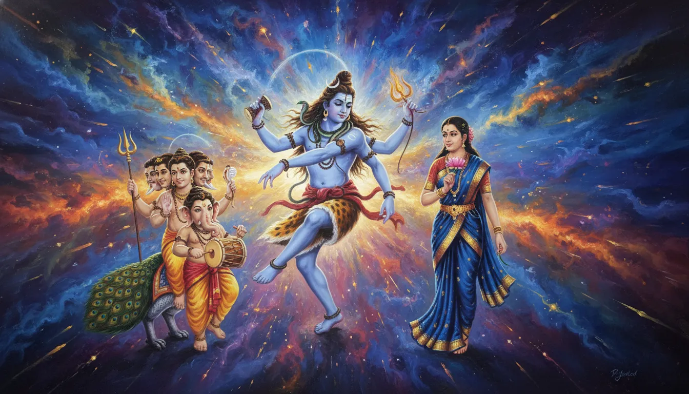 A dynamic painting showing Lord Shiva dancing the Tandava while Parvati, Ganesha, and Kartikeya watch in admiration.