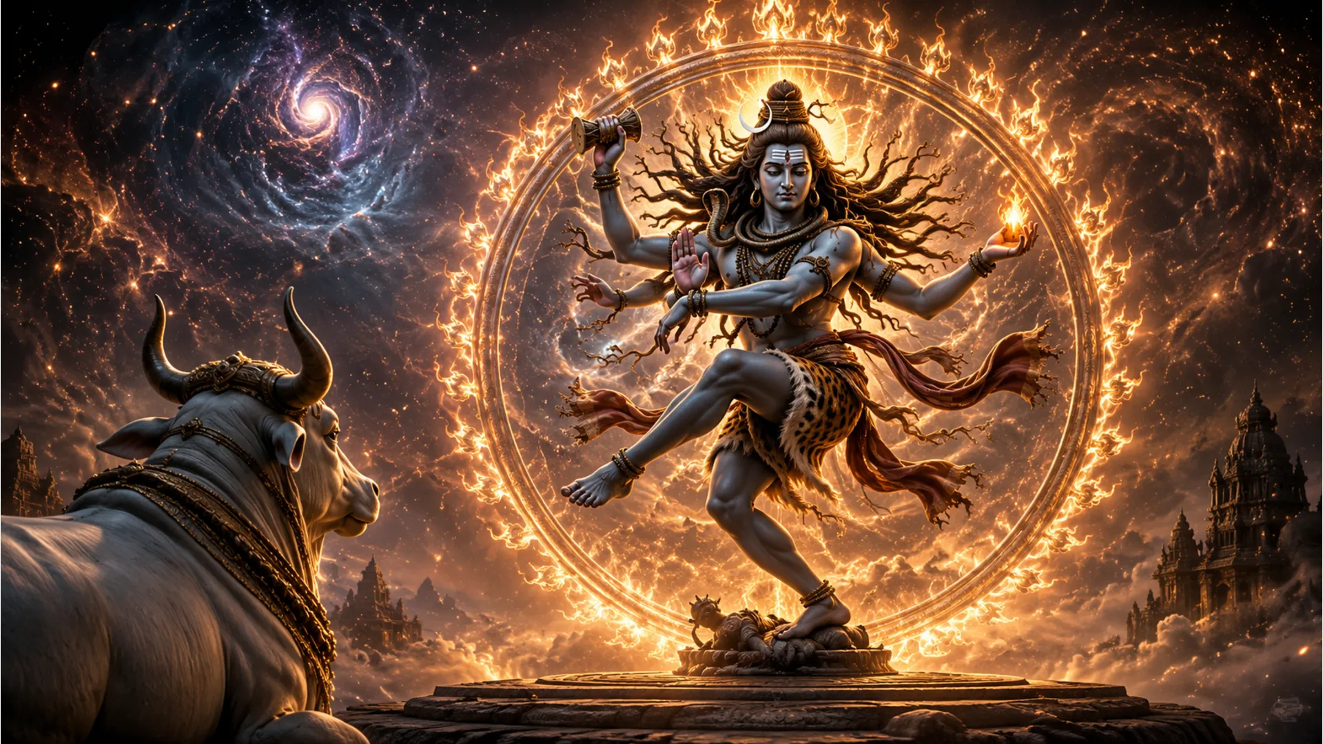 Lord Shiva performing the Nataraja dance with Nandi watching in pure devotion.