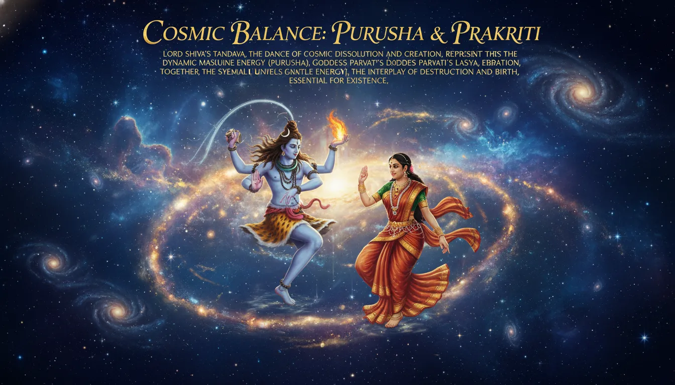 Lord Shiva performing Tandava dance alongside Goddess Parvati performing gentle Lasya dance.
