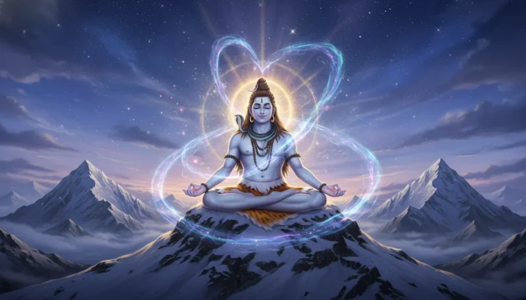 Lord Shiva in deep meditation on a mountain peak surrounded by a glowing blue cosmic aura.