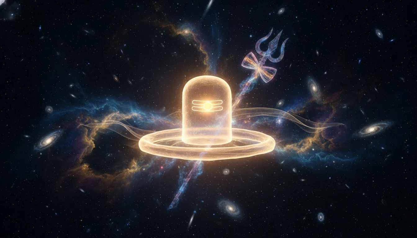 Spiritual Har Har Mahadev Shivling photo showing cosmic energy, stars, and galaxies in the background.