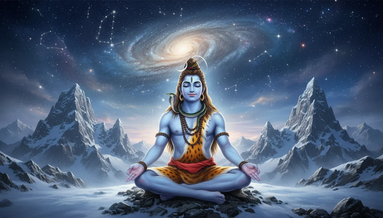 Lord Shiva meditating in the Himalayas with a glowing galaxy in the background.