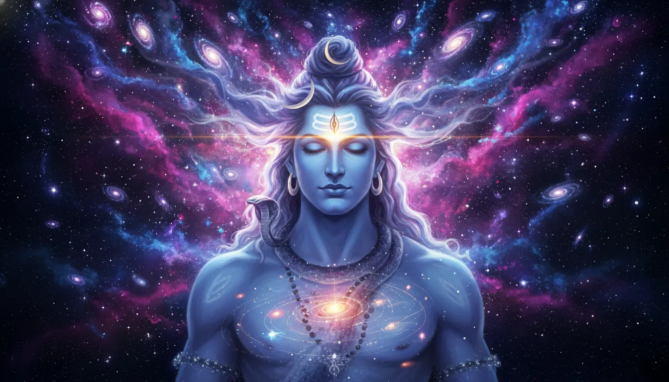 A surreal digital art piece depicting Lord Shiva with skin of a soft blue hue and a massive galaxy of stars rotating inside his Jata.