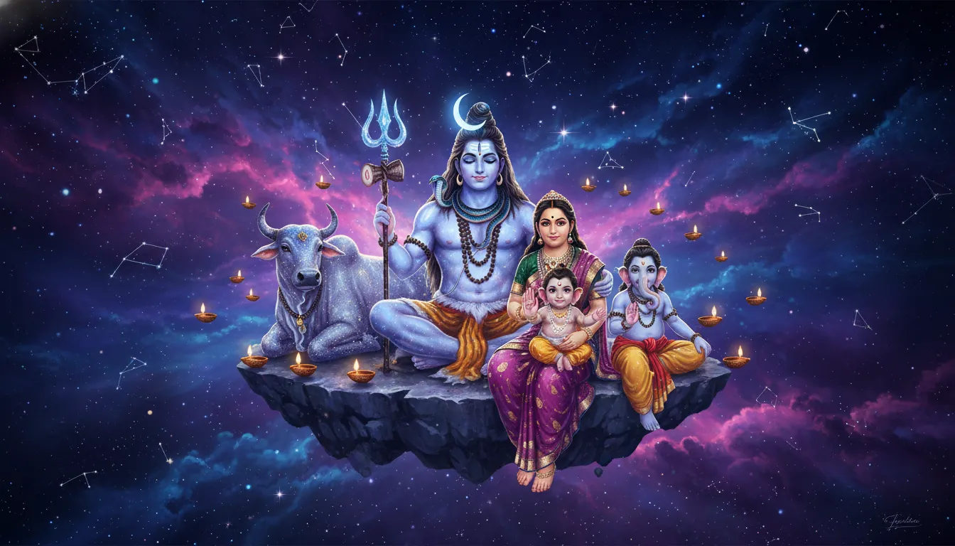 A cosmic Mahadev full family photo set during twilight with thousands of stars and a glowing nebula in the background.