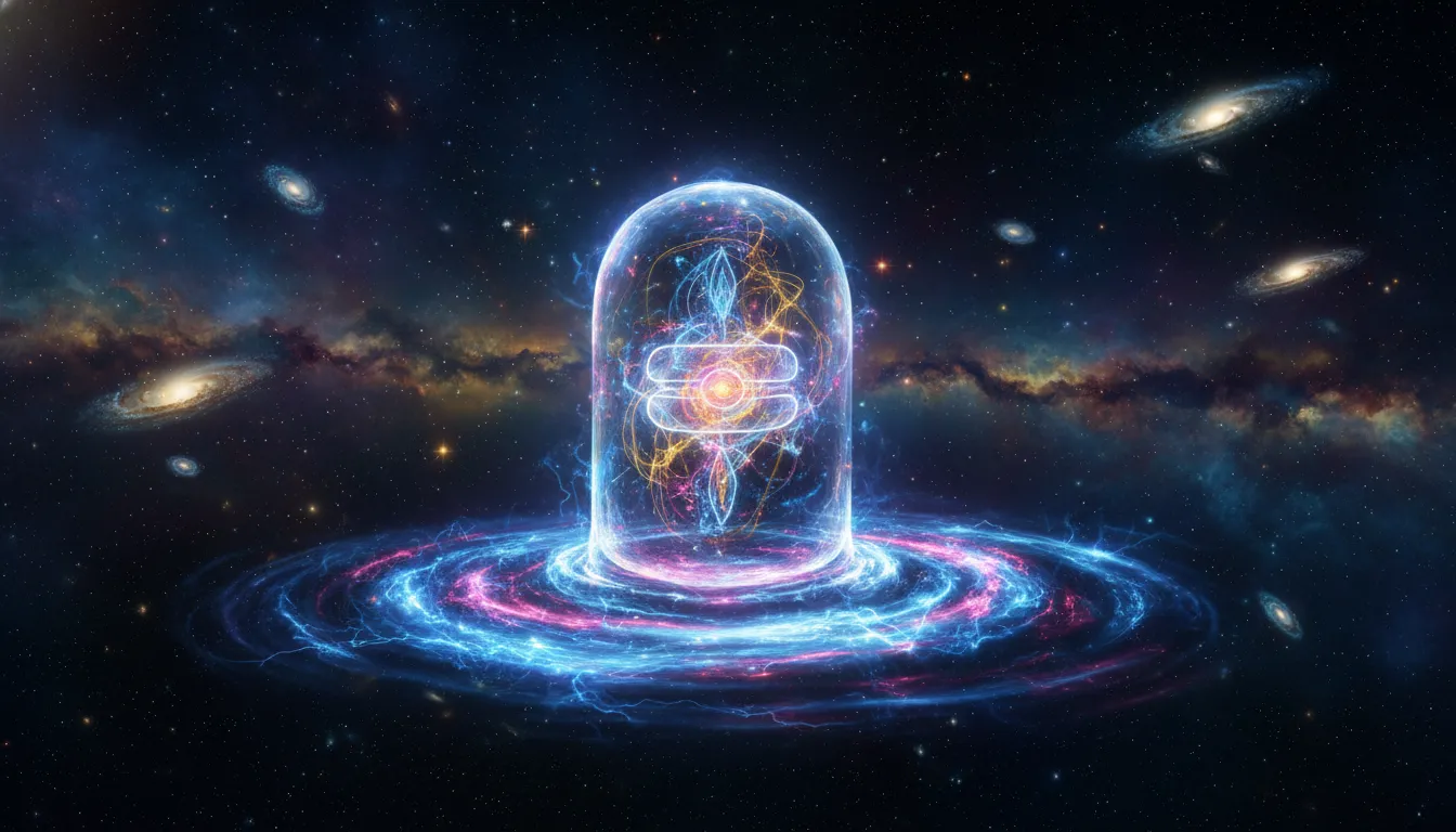 Abstract cosmic universe background with a glowing Mahadev Shiv Ling photo.