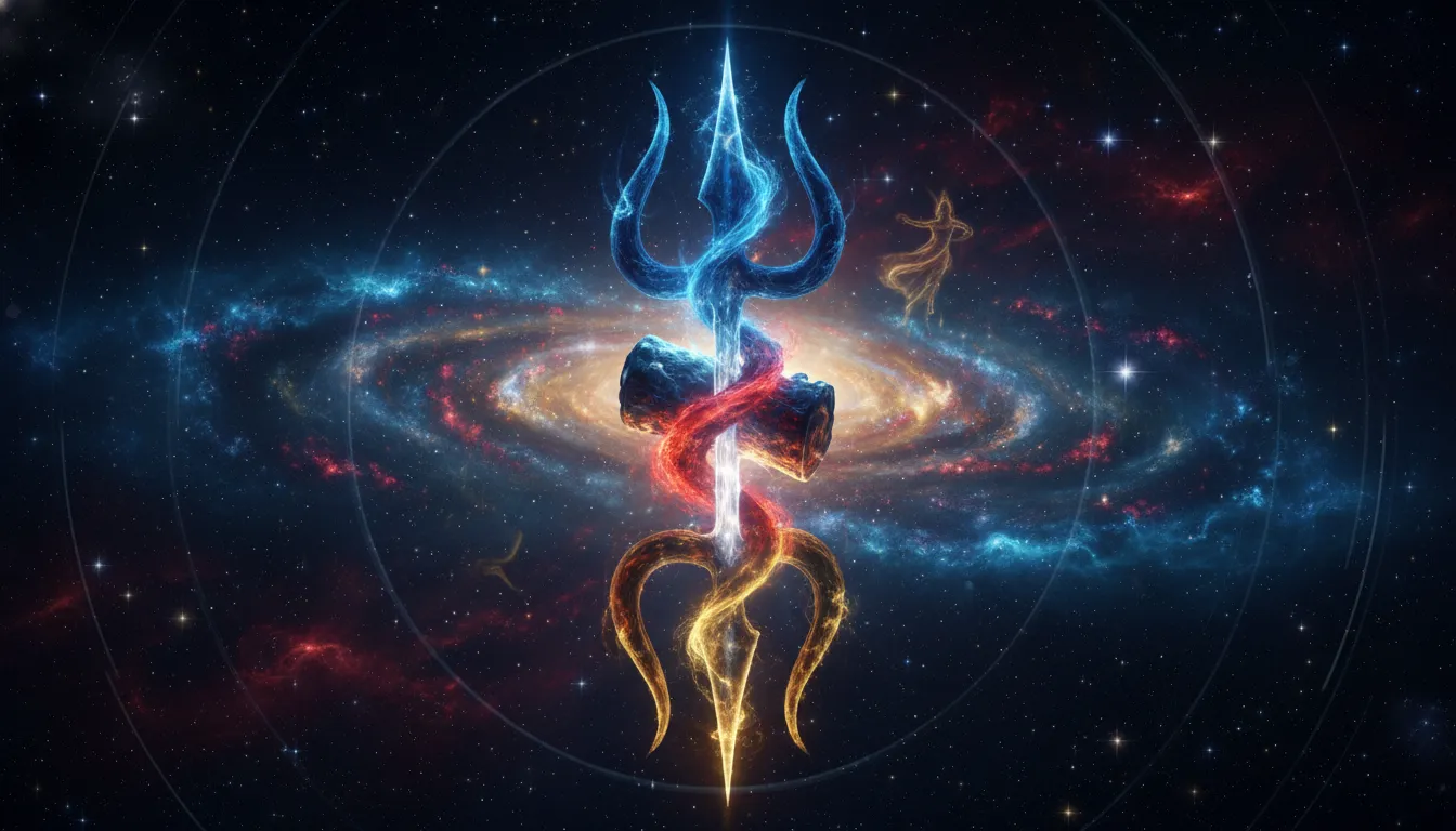 Mahadev trishul surrounded by cosmic nebulae stars and galaxies during Tandav.