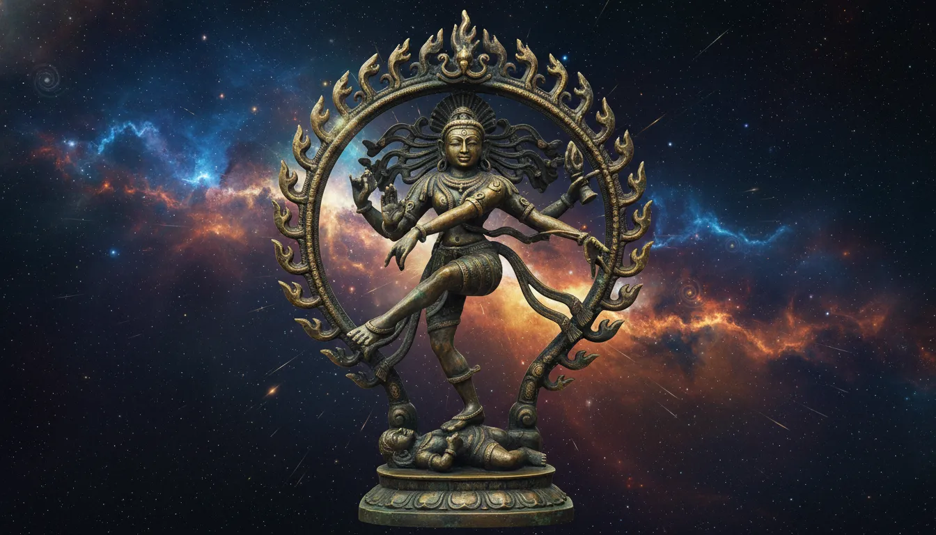 Bronze Nataraja idol of Mahadev performing the cosmic dance of Tandava surrounded by a circular ring of fire flames