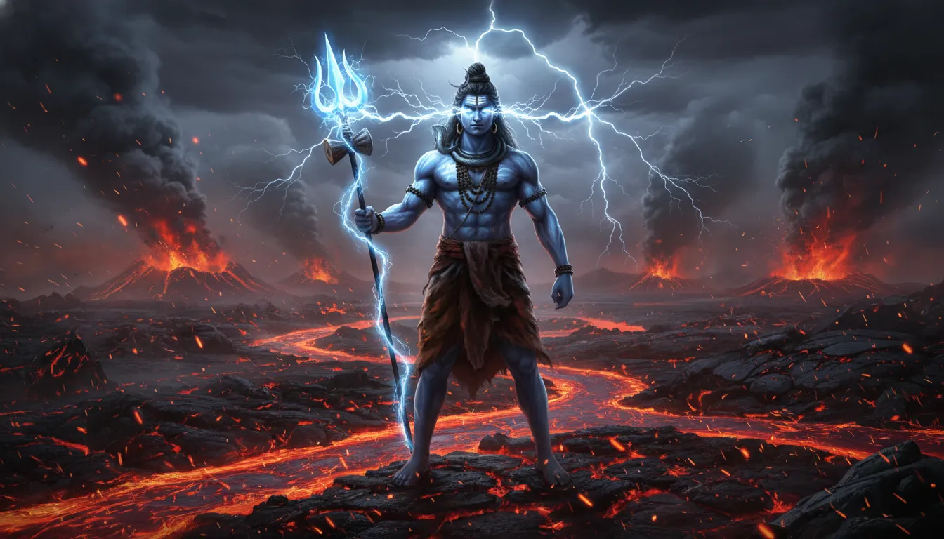 Angry blue Lord Shiva holding a trident with lightning and fire in a volcanic battlefield.