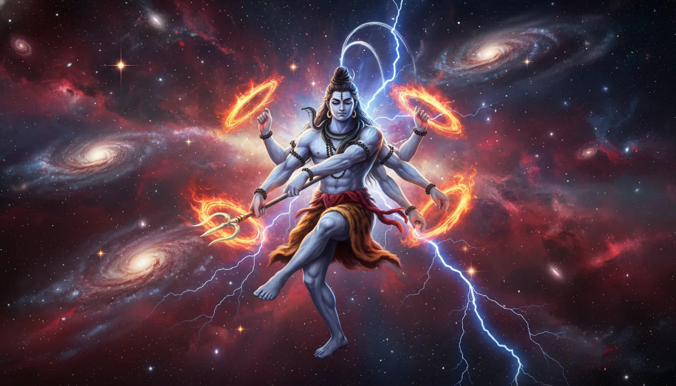 Aggressive Rudra avatar of Mahadev photo editing with cosmic space and nebula background.