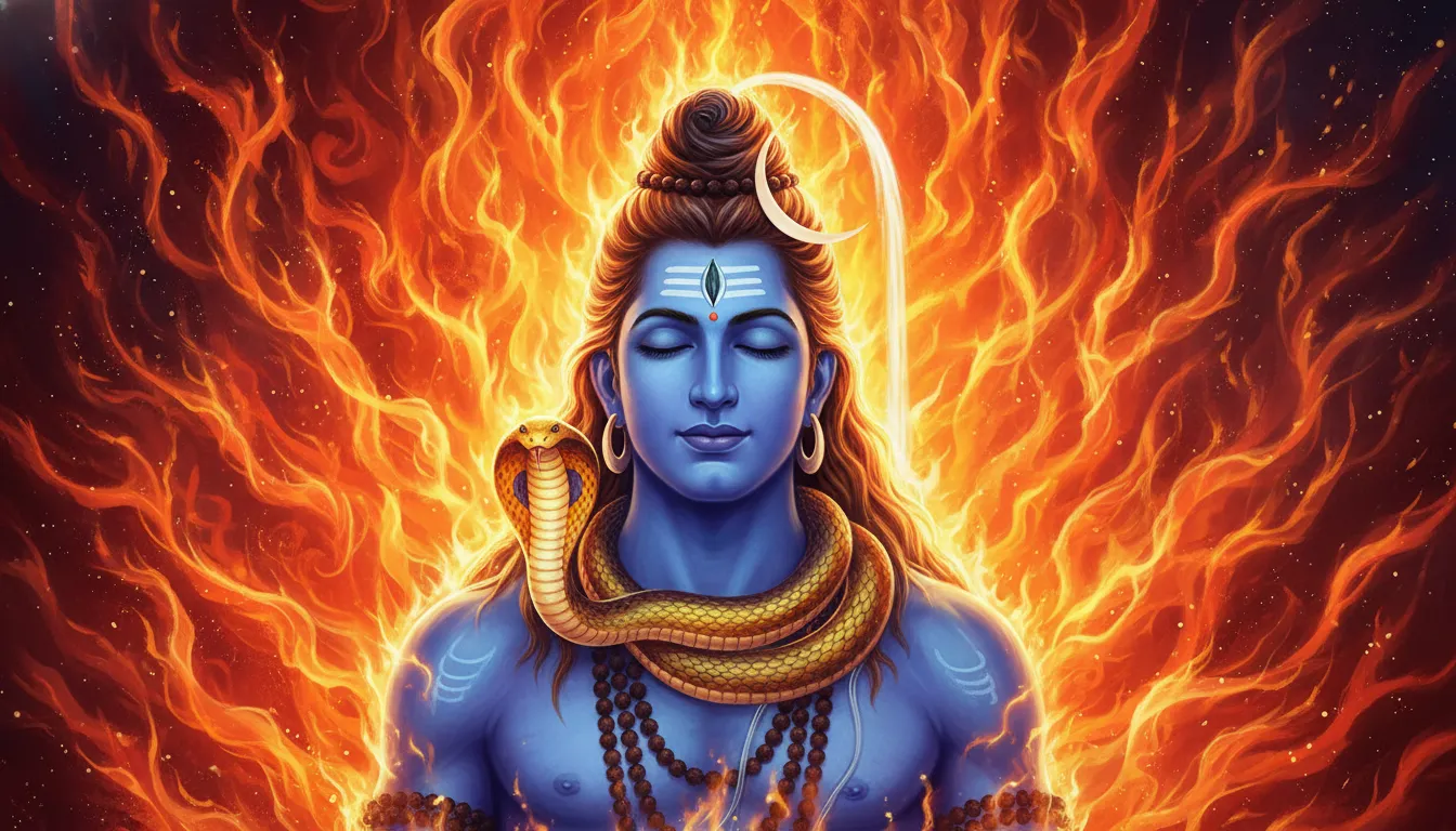 The holy snake Vasuki around Lord Shiva's neck glowing amidst intense orange cosmic flames.