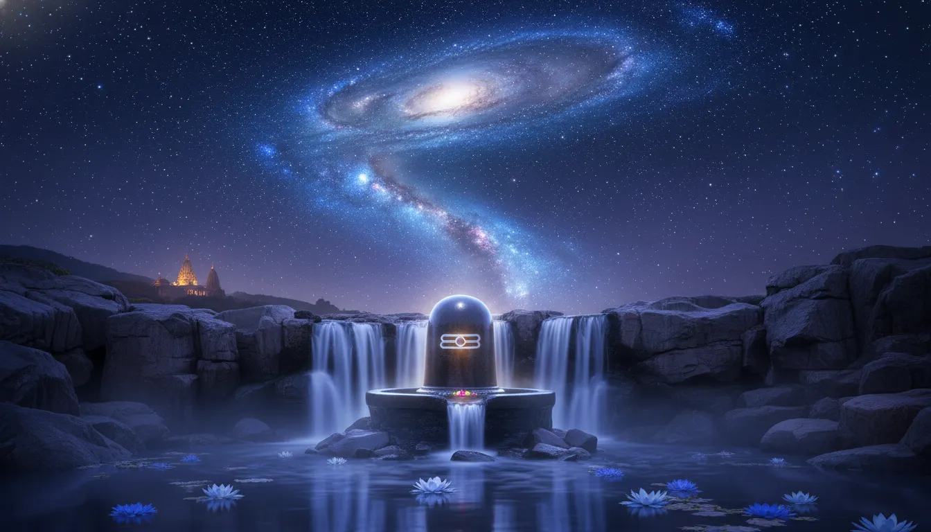 A cosmic night view of a Shiva Lingam under a waterfall beneath a starry Milky Way galaxy.