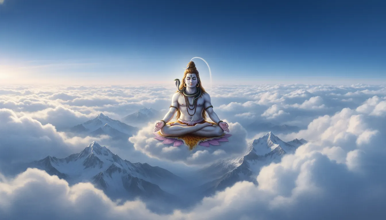 Lord Shiva meditating on a mountain top under a bright starry night sky and Milky Way galaxy