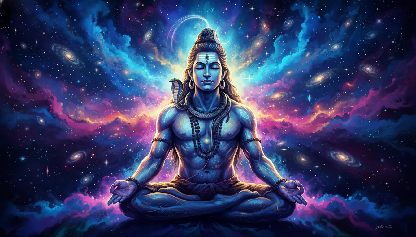 Lord Shiva meditating with galaxies, stars, and cosmic dust in the background