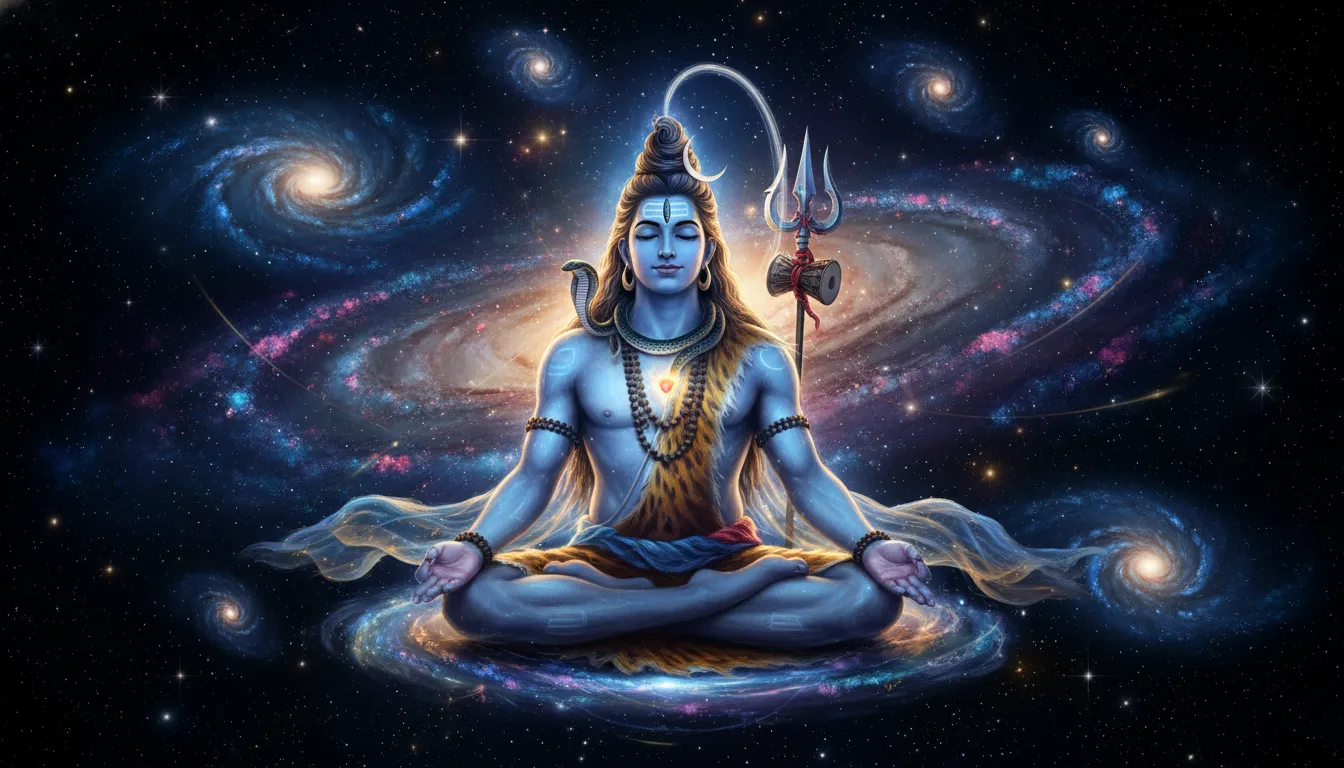 Spiritual illustration of Lord Shiva meditating surrounded by glowing stars, nebulae, and cosmic energy