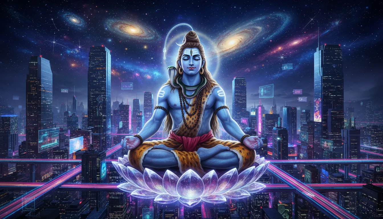 Modern Lord Shiva meditating above a futuristic neon city at night with cosmic background.