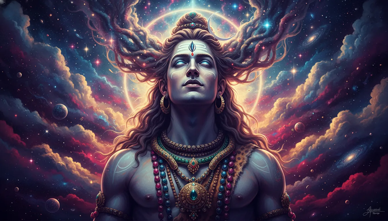 Cosmic portrait of Lord Shiva with traditional jewelry against a galaxy background