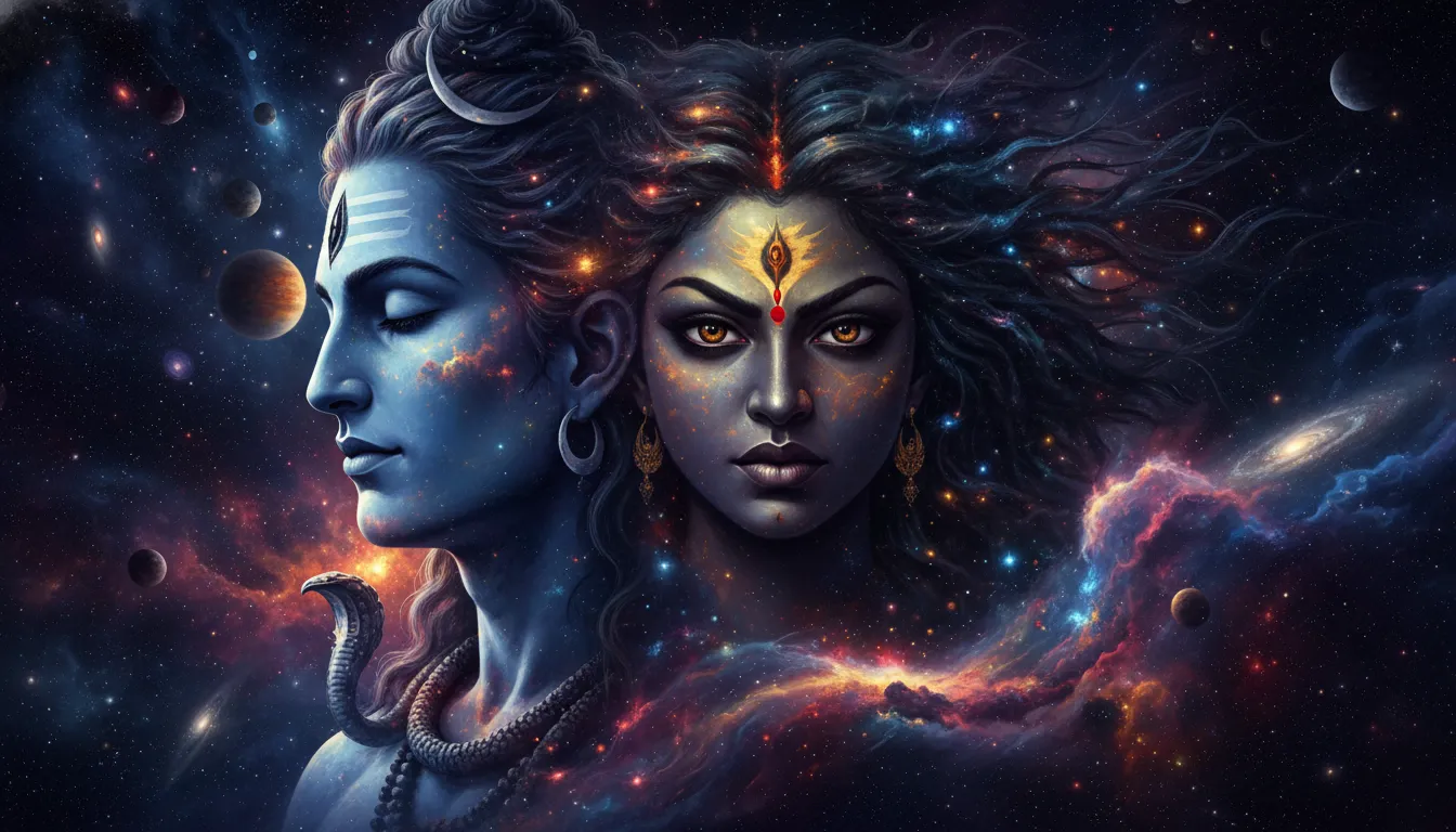 A cosmic devotional artwork showing blue Shiva and a dark goddess figure against a star-filled background.