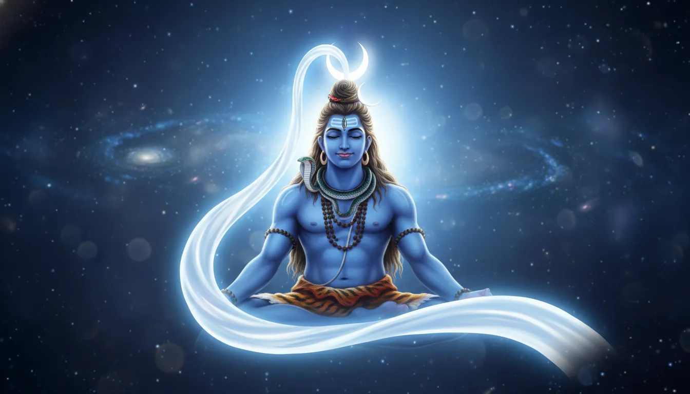 White crescent moon on Shiva’s forehead with blue skin glow in meditation