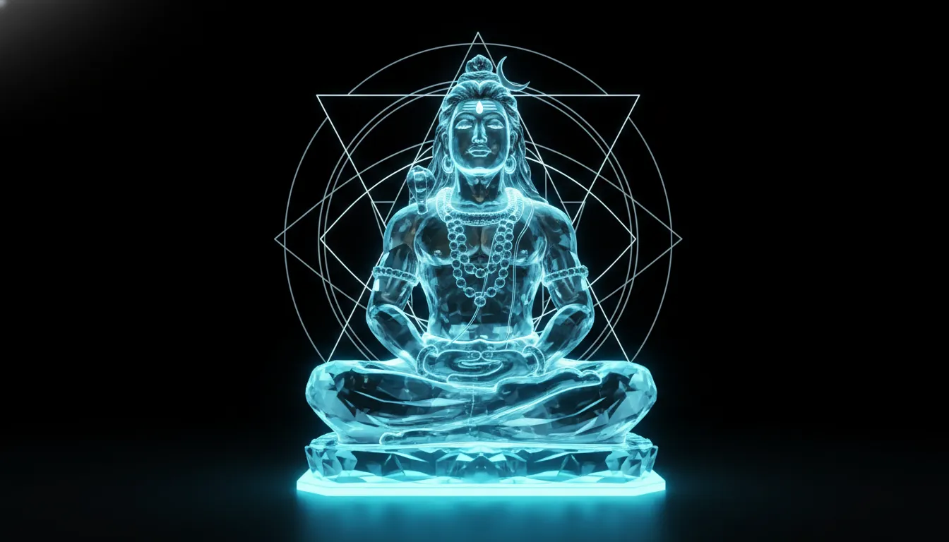 Translucent clear crystal Mahadev murti radiating a soft neon blue spiritual aura light from within the glass