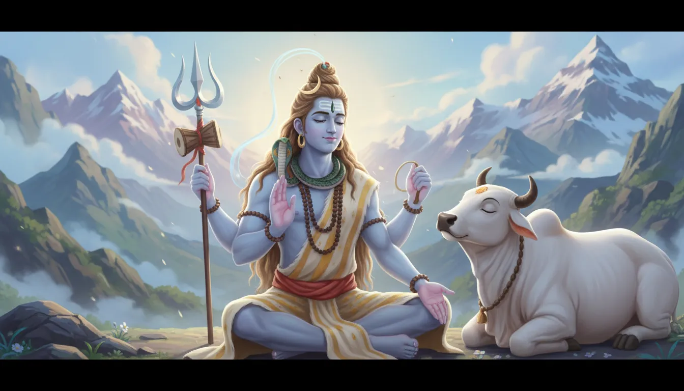 Cute animated Lord Shiva sitting peacefully with Nandi on a snowy mountain.
