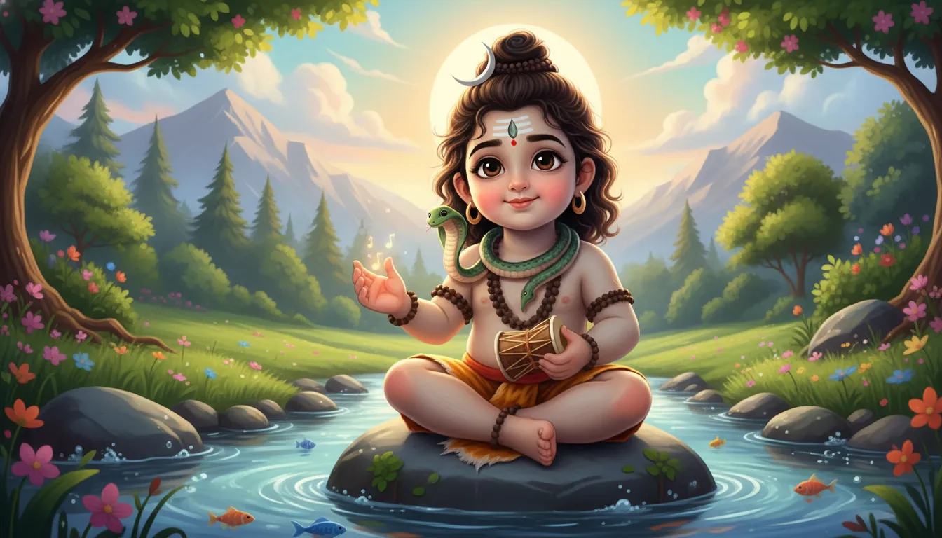 A cute and friendly animated style drawing of young Bal Shiva sitting on a rock.