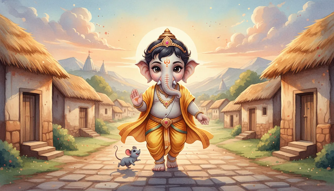 Watercolor style painting of child Ganesha walking beside a small mouse on a road.