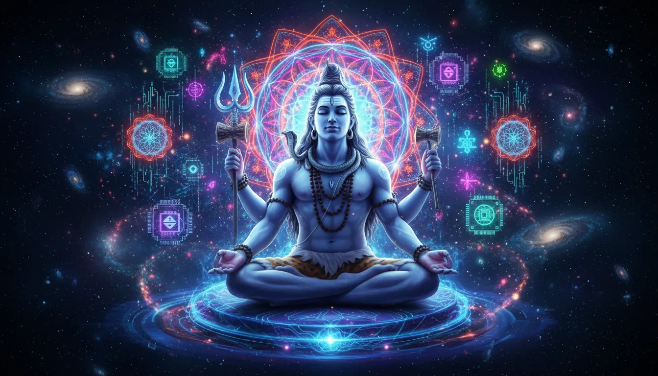 Modern cyber-style Lord Shiva meditating with neon spiritual symbols and cosmic lights.