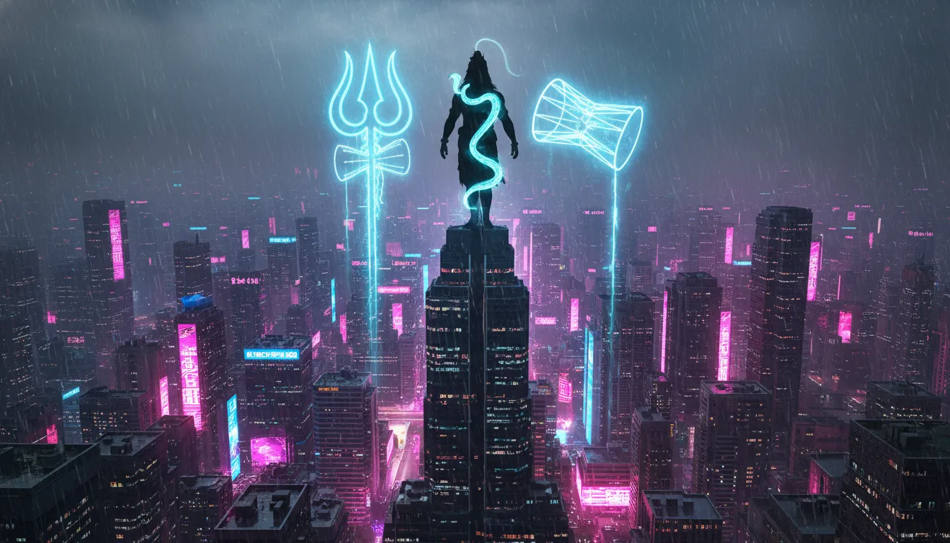 Modern cyberpunk fusion Mahadev photo editing with neon lights and futuristic cityscape background.