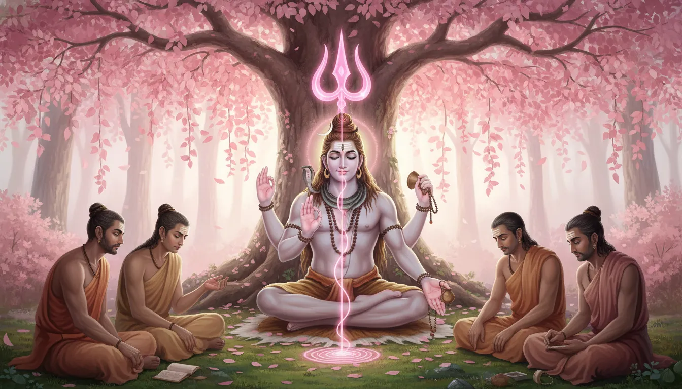 Pink Lord Shiva as Dakshinamurti sitting under banyan tree, trident aligned with spinal energy