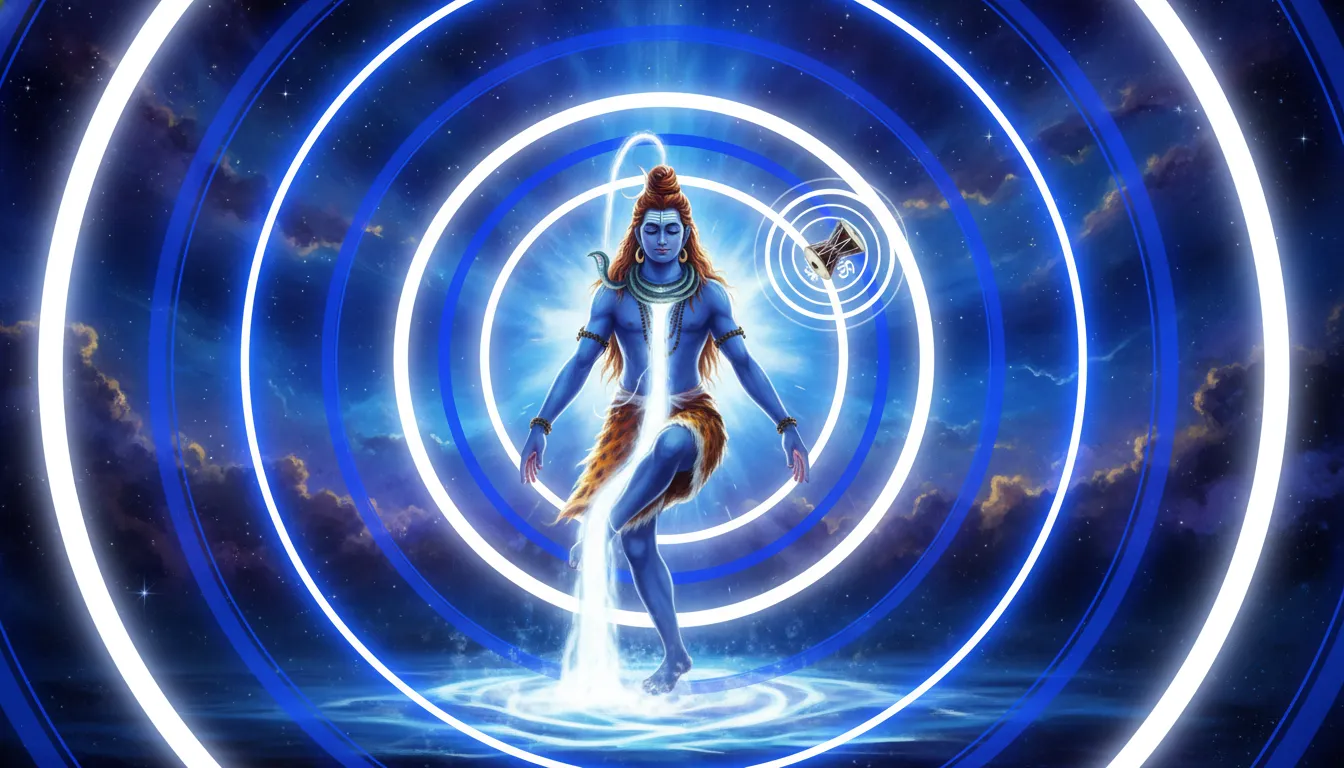 Shiva’s damaru drum emitting white and blue sound waves during meditation