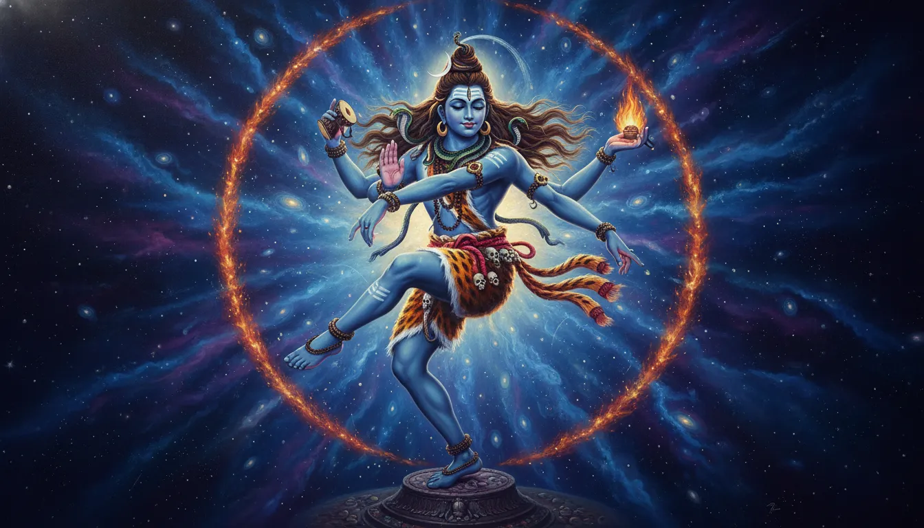 A blue-toned Shiva figure dancing while holding a trident, drum, and flame.