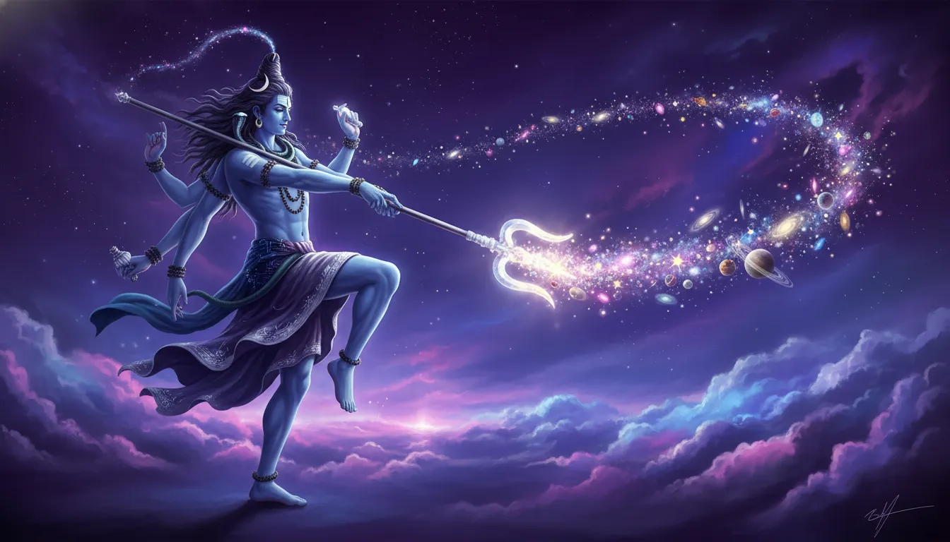 Walking Shiva performing a cosmic dance step with trident creating stars
