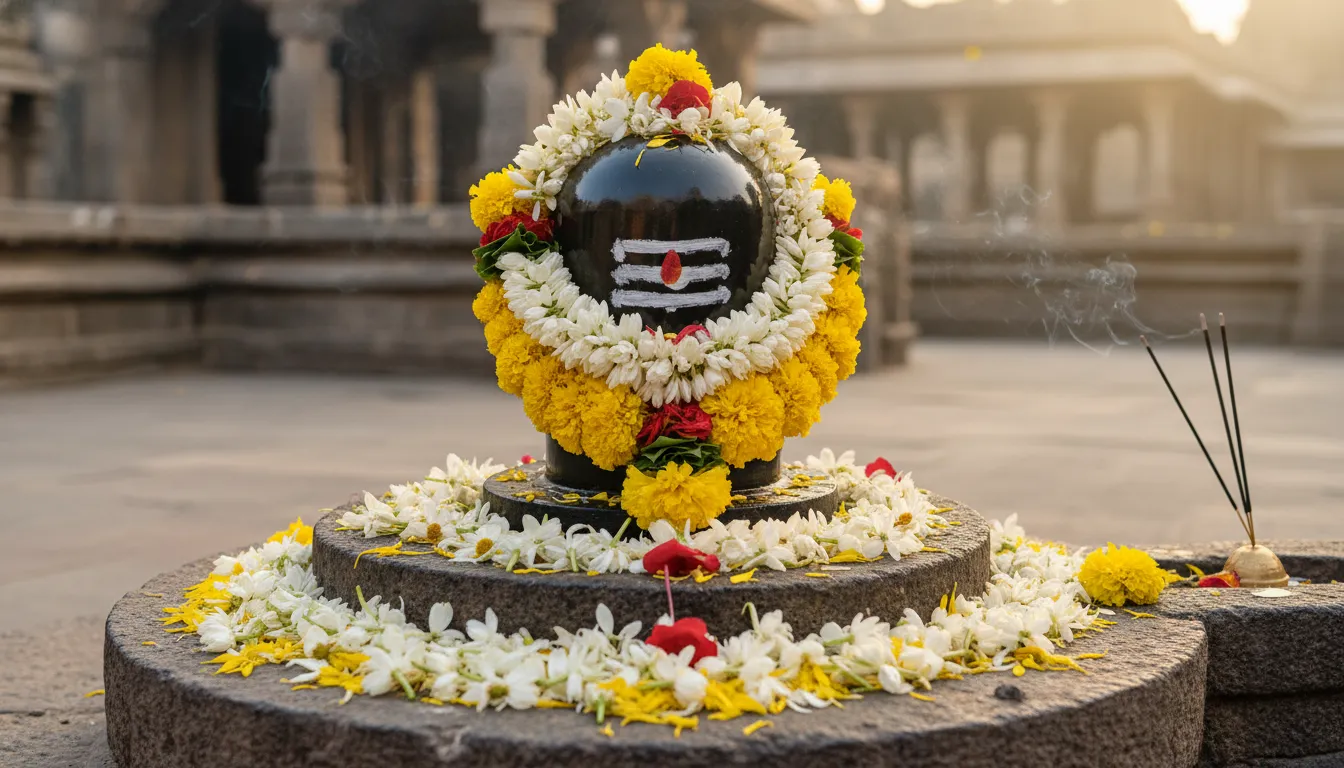 Black Shiva Lingam adorned with white flower garland and yellow flowers placed on a stone base.