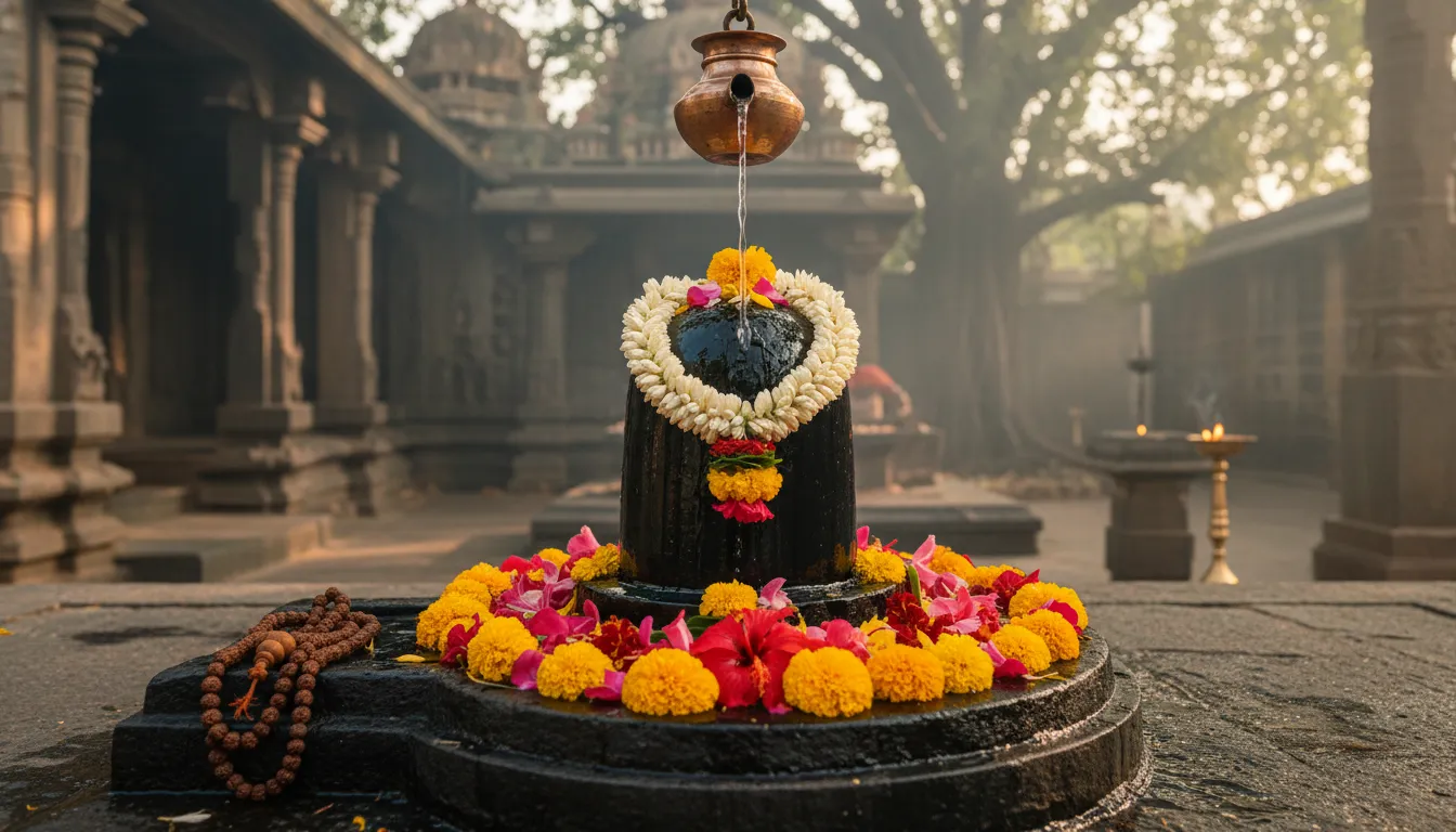 Black stone Shiva lingam adorned with white flower garland and colorful petals in a temple setting