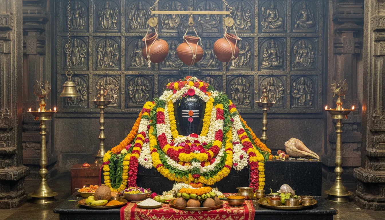 Temple lingam decorated with flowers and surrounded by hanging pots and sacred symbols