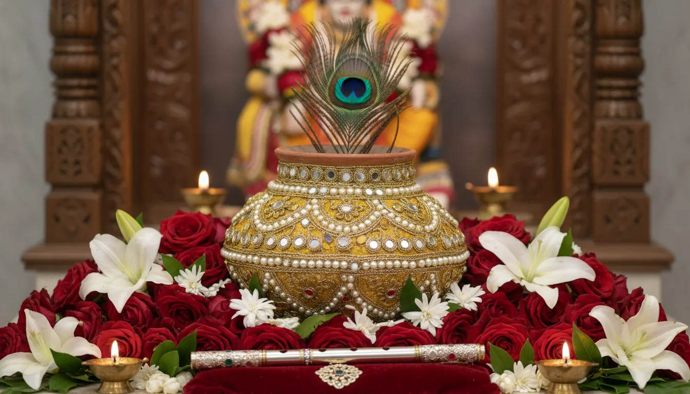 A beautifully decorated sacred pot surrounded by red and white flowers, with a peacock feather and ornate fabric details.