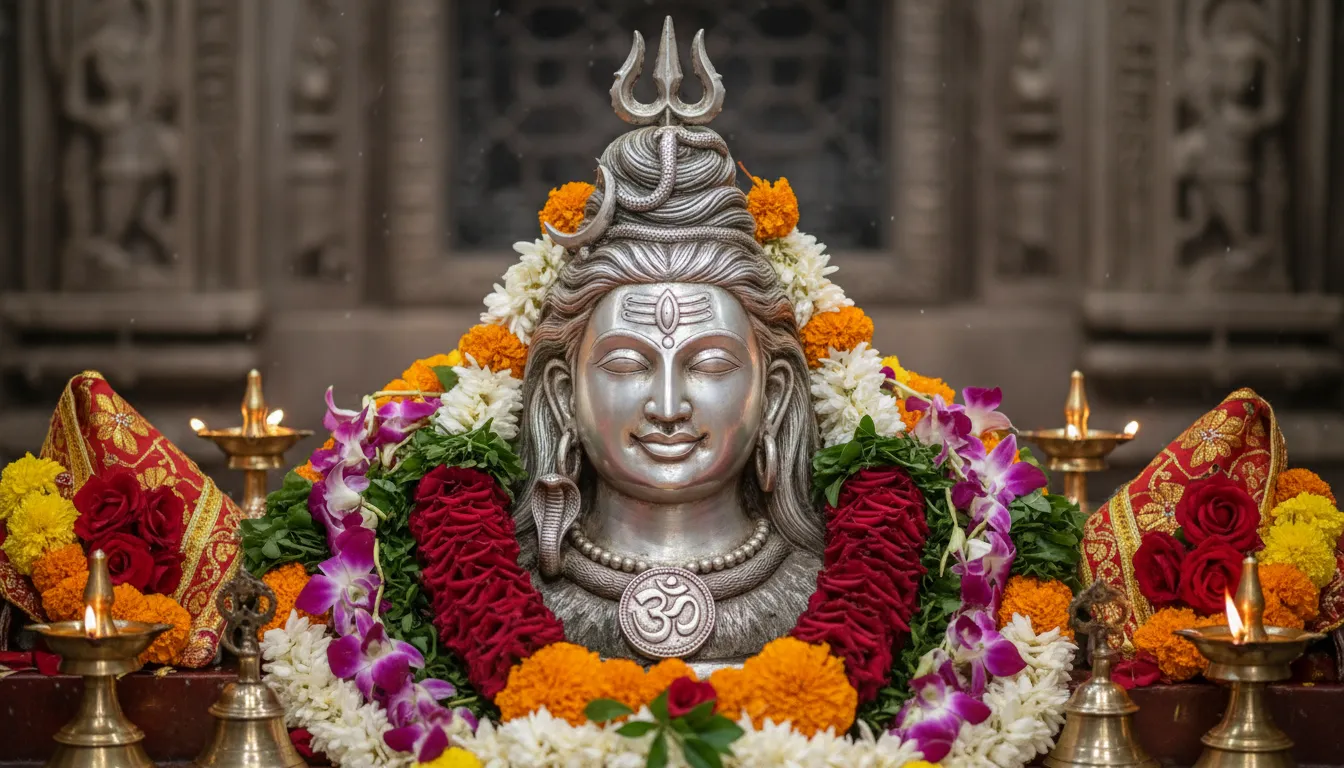 A silver Shiva head idol decorated with flowers, ornaments, and a tall hair arrangement.