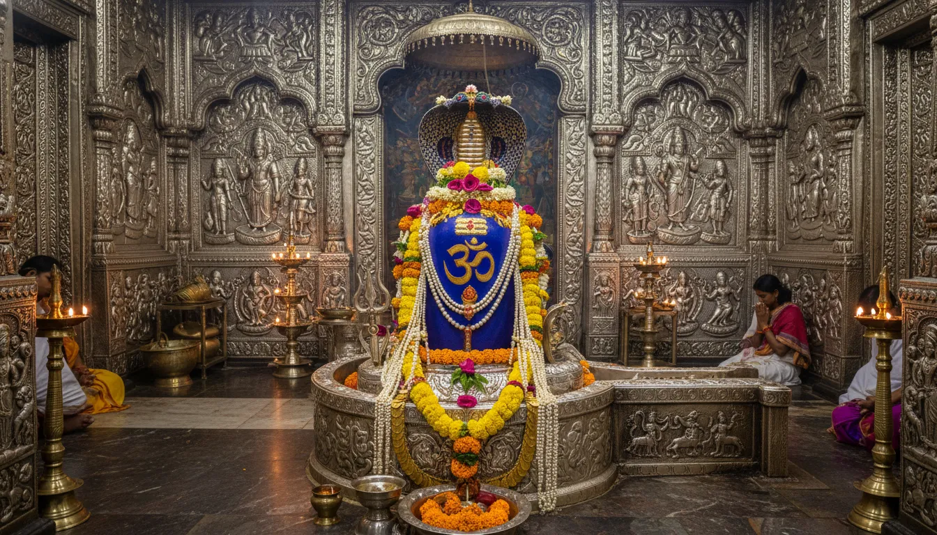 Blue Shiva Lingam decorated with ornaments and flowers inside a temple shrine.