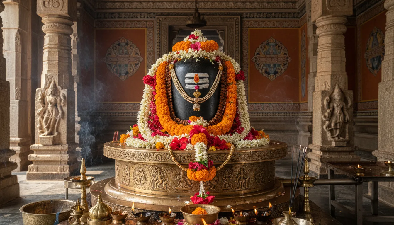 Sacred Shiva Lingam decorated with flowers and ornaments inside a temple