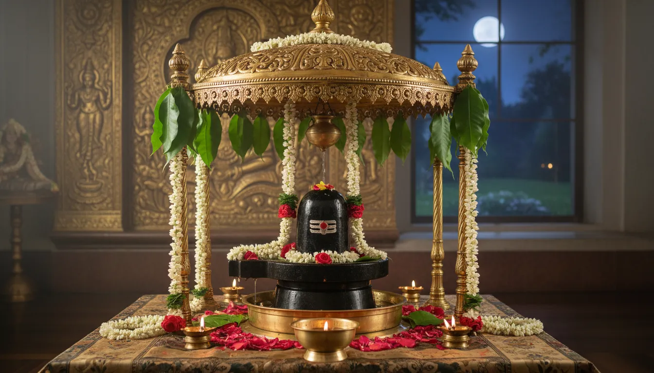 Shiva Lingam placed under a decorative canopy with leaves and flowers