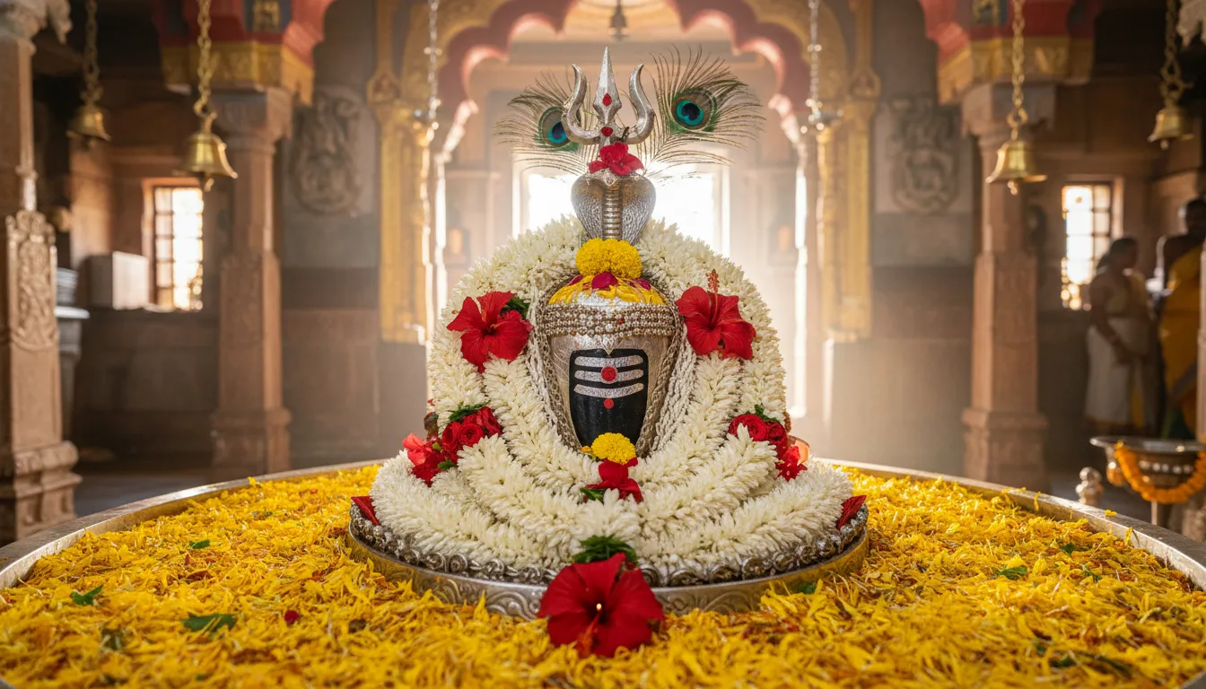 A Shiva Lingam decorated with a silver ornament, flowers, and a peacock feather inside a temple.