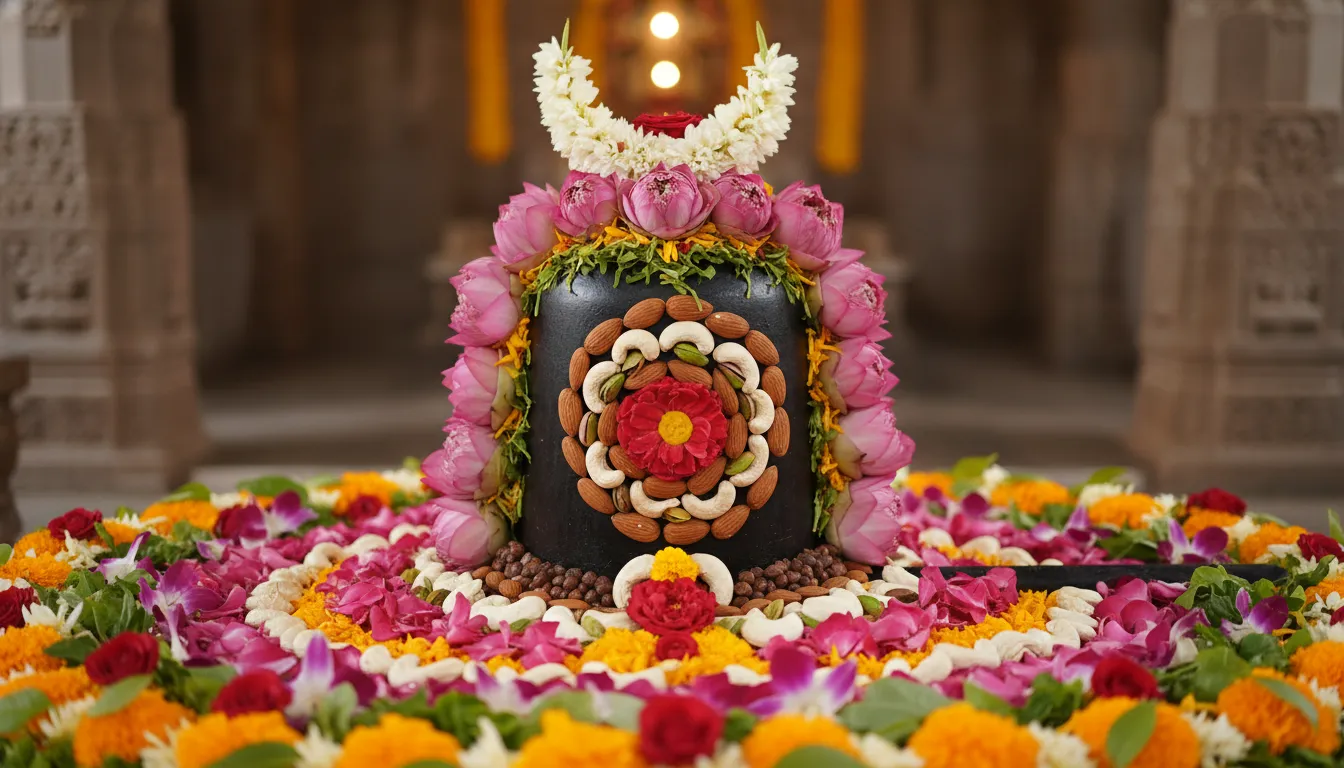Black lingam decorated with flowers and arranged nuts in patterns