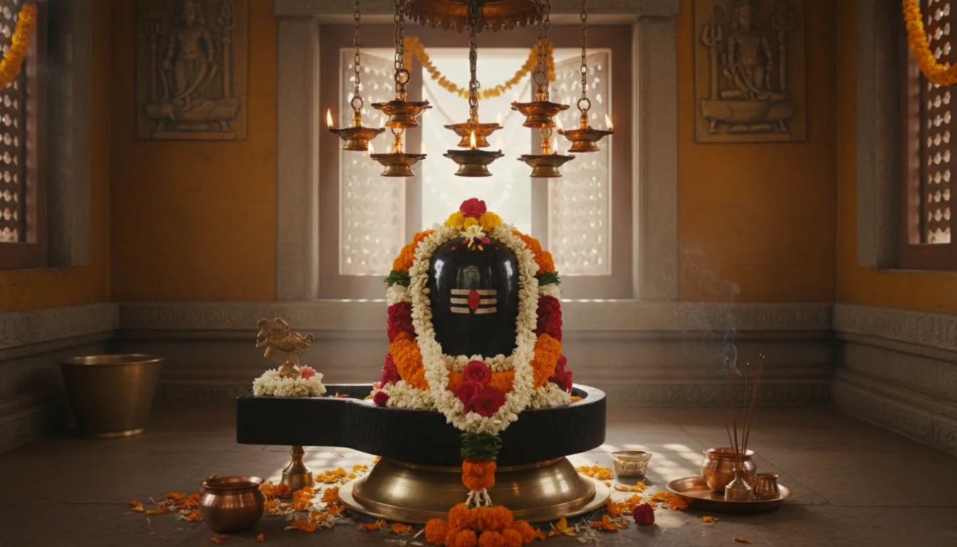Shiva Lingam decorated with garland and surrounded by hanging lamps