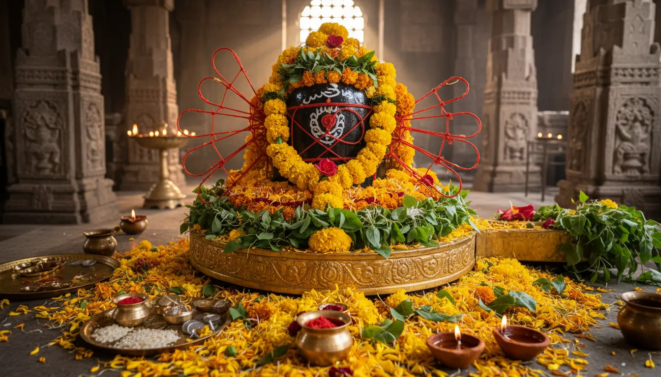Shiva lingam decorated with yellow flowers, red threads, and offerings